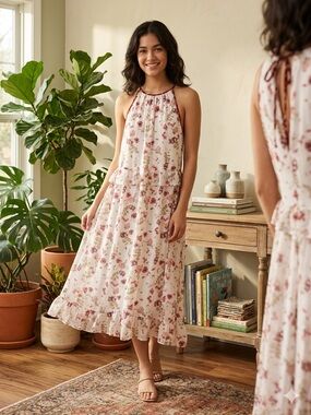 Kensie Cream Floral Midi Dress with Pink Bouquet Print